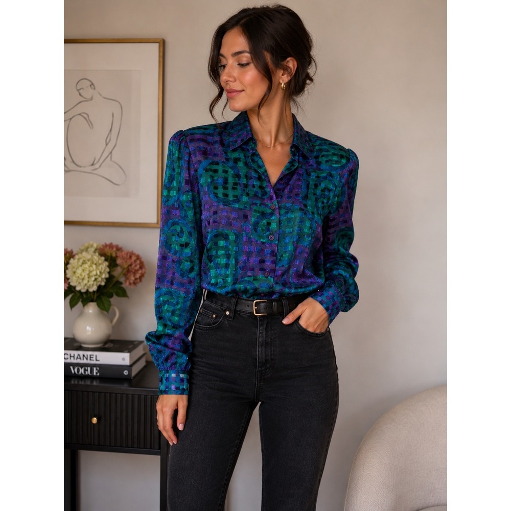 Vintage Gepetto Blueā Purple Green Abstract Metallic Button Down Blouse XL USA